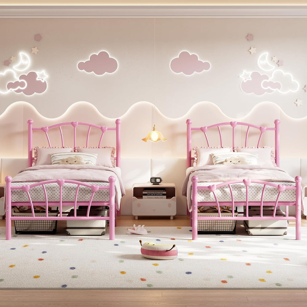 GarveeHome Twin Size Bed Frame, Metal Bed Frame with Headboard, Pink