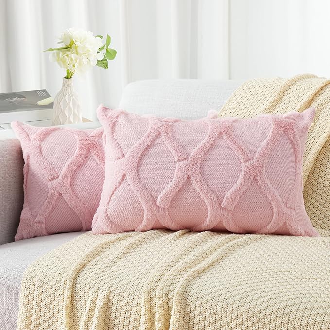 decorUhome Throw Pillow Covers 12x20 Inch Set of 2, Soft Plush Faux Fur Wool by decorUhome
