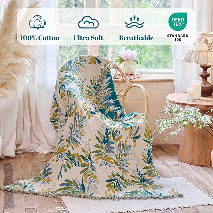 MSGKV Boho Throw Blanket for Couch Cotton Leaves Blanket 50"x60" Throws for - Image 2