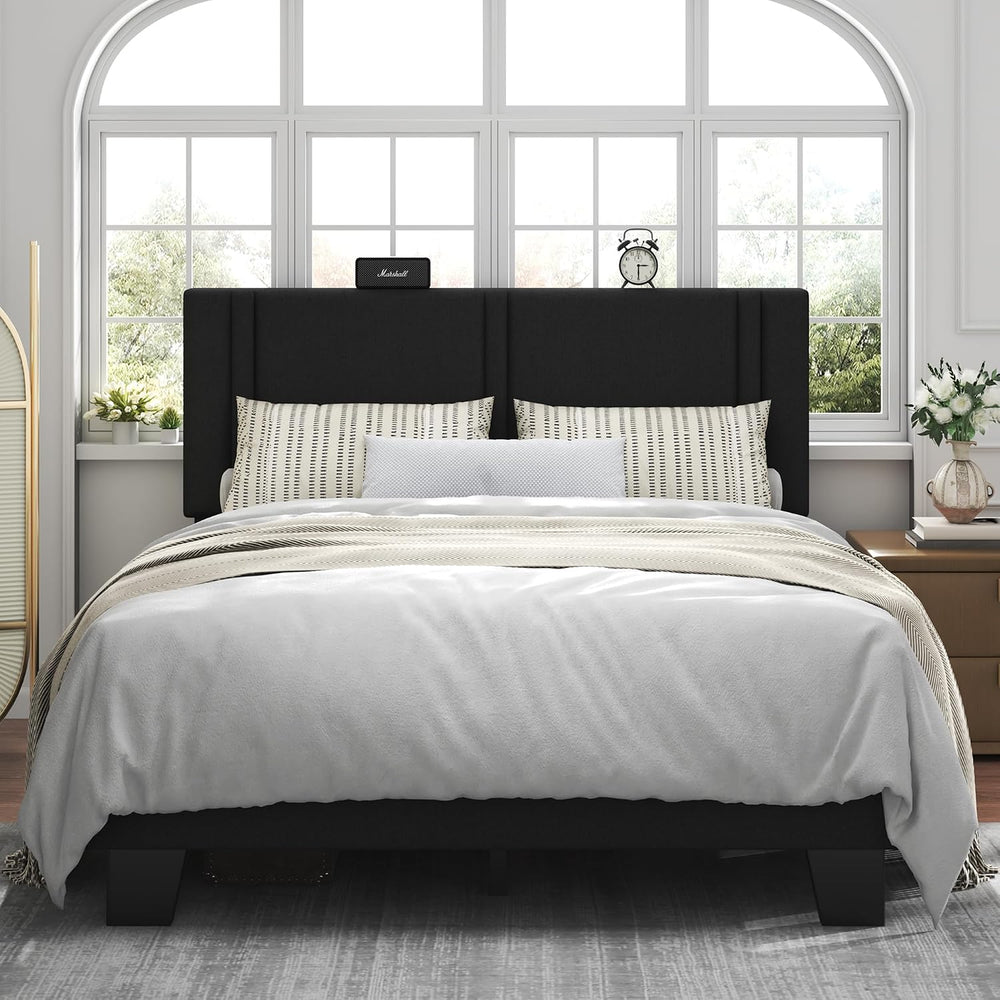 Feonase Queen Platform Bed Frame, Fabric Upholstered Queen Bed Frame, Solid W...
