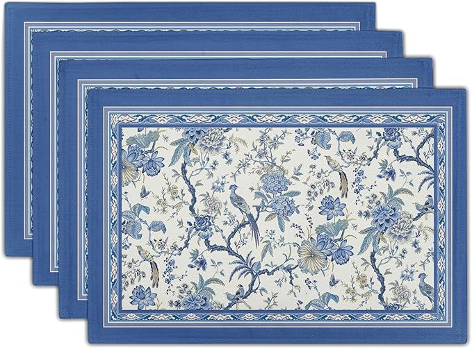 Giwawa 4PCs Chinoiserie Placemats Blue White Floral Birds Decorative Linen by Giwawa