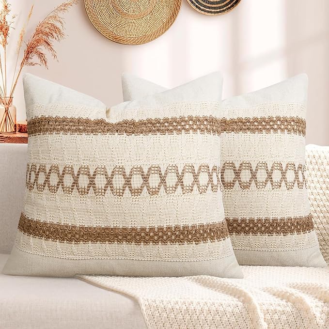 Pyonic Pack of 2 Boho Throw Pillow Covers 18x18 Inch Farmhouse Decorative Throw - Image 4