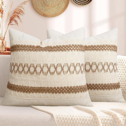Pyonic Pack of 2 Boho Throw Pillow Covers 18x18 Inch Farmhouse Decorative Throw - Image 4