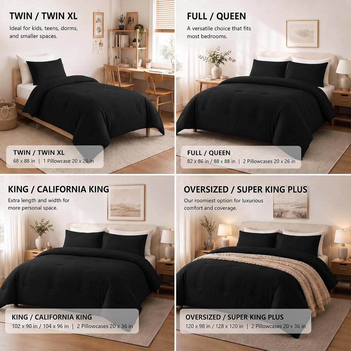 cozylux oversized queen comforter set, 3 pieces black on a desk or shelf