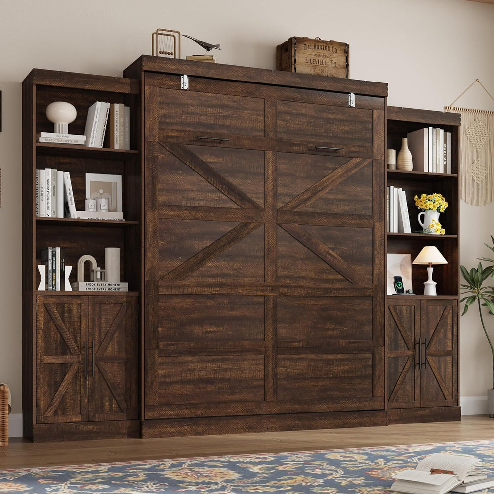 Hlivelood Queen Size Murphy Bed w/2 Storage Cabinet&2 LED Light, Farmhous...