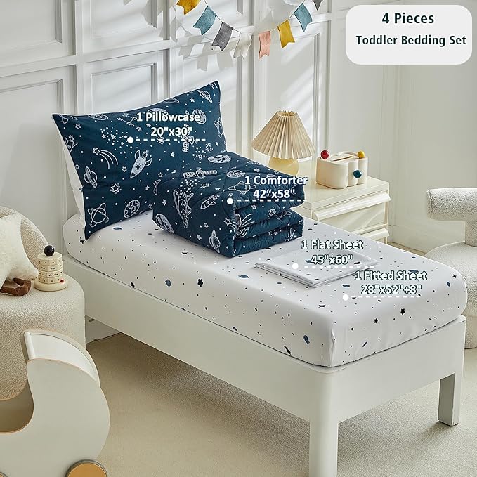 4 Pieces Toddler Bedding Set for Boy, Space Toddler Bed Comforter Set, Soft and - Image 3