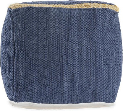 LR Home Indigo Bordered Transitional Hand-Loomed Cotton Pouf - Image 3