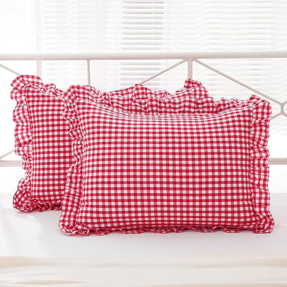 2 Pack Red White Plaid Ruffle Gingham King Size Pillow Shams, 100% Yarn-Dyed by KMASANIJI