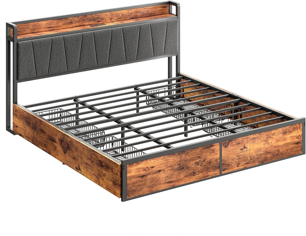 LIKIMIO King Size Bed Frame with 4 Storage Drawers and Charged Headboard