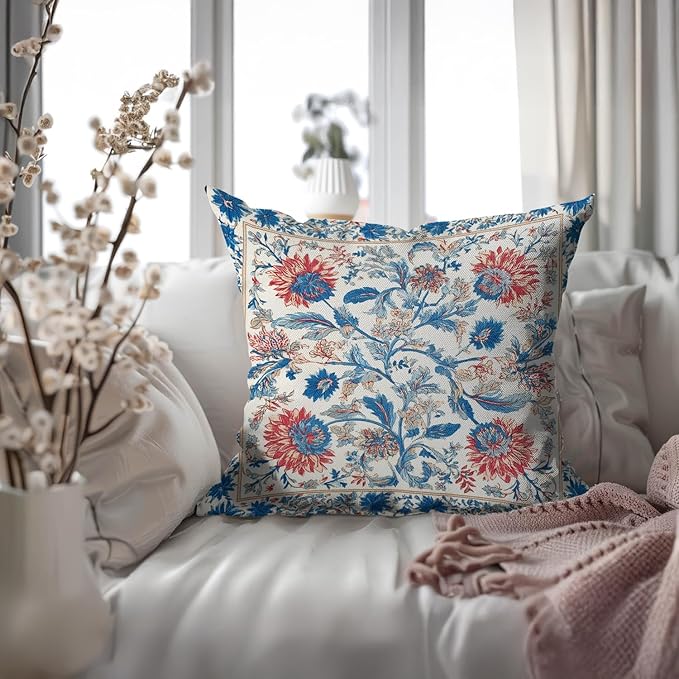 Bohemian Pillow Covers | Vintage Floral & Carpet Design | Double Sided Blue - Image 6