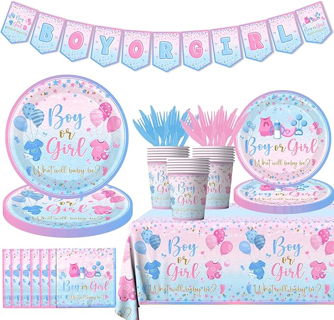 Gender Reveal Tableware 142Pcs-Gender Reveal Decorations Blue and Pink Star by GREHUMOR