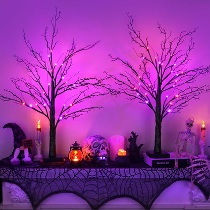 [Timer] 2 Pack Halloween Decorations Indoor, 24 Inch Lighted Black Halloween Tree with 24 Orange & Purple Lights, USB or Battery Powered Spooky Tabletop Tree for Home, Party, Fireplace & Holiday Decor