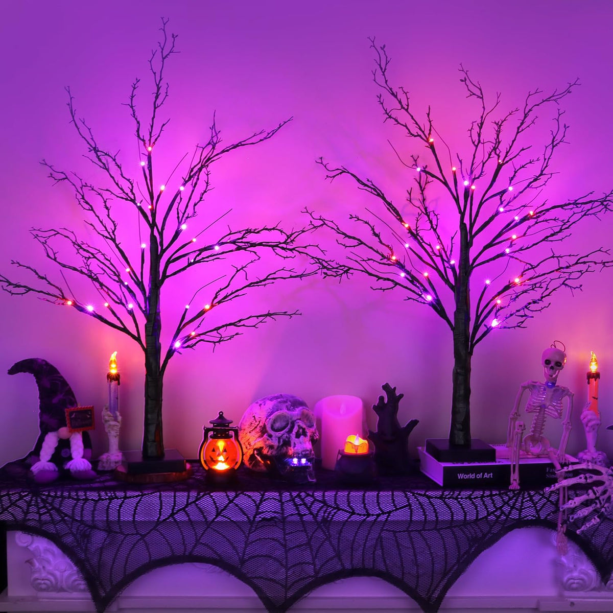 2 Pack 24 Inch Spooky Black Halloween Tree Decorations for Indoor Home Table, Halloween Lighted Tabletop Centerpiece with 24 Orange & Purple LEDs, Timer, USB or Battery Powered
