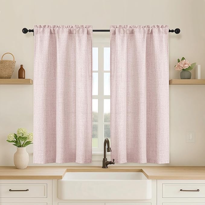 OVZME Blush Pink Cafe Curtains 45 Inch Length 2 Panels, Thick Textured Kitchen by OVZME