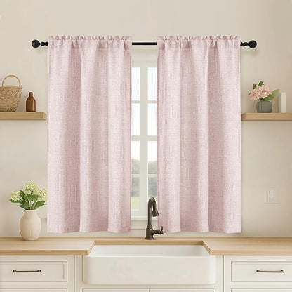OVZME Blush Pink Cafe Curtains 45 Inch Length 2 Panels, Thick Textured Kitchen by OVZME