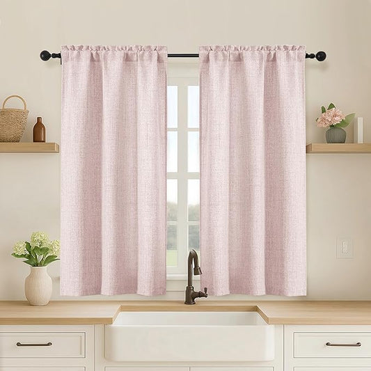 OVZME Blush Pink Cafe Curtains 45 Inch Length 2 Panels, Thick Textured Kitchen by OVZME