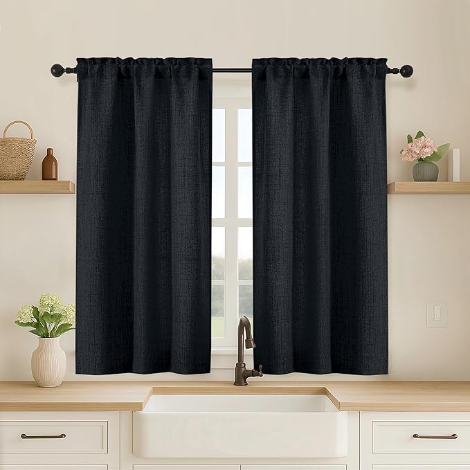 OVZME Black Cafe Curtains 45 Inch Length 2 Panels, Thick Textured Kitchen Door by OVZME