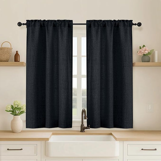 OVZME Black Cafe Curtains 45 Inch Length 2 Panels, Thick Textured Kitchen Door by OVZME