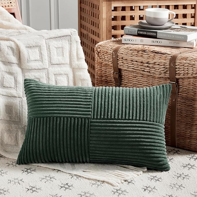 Fancy Homi Set of 2 Dark Green Long Lumbar Decorative Throw Pillow Covers 14x24 - Image 2