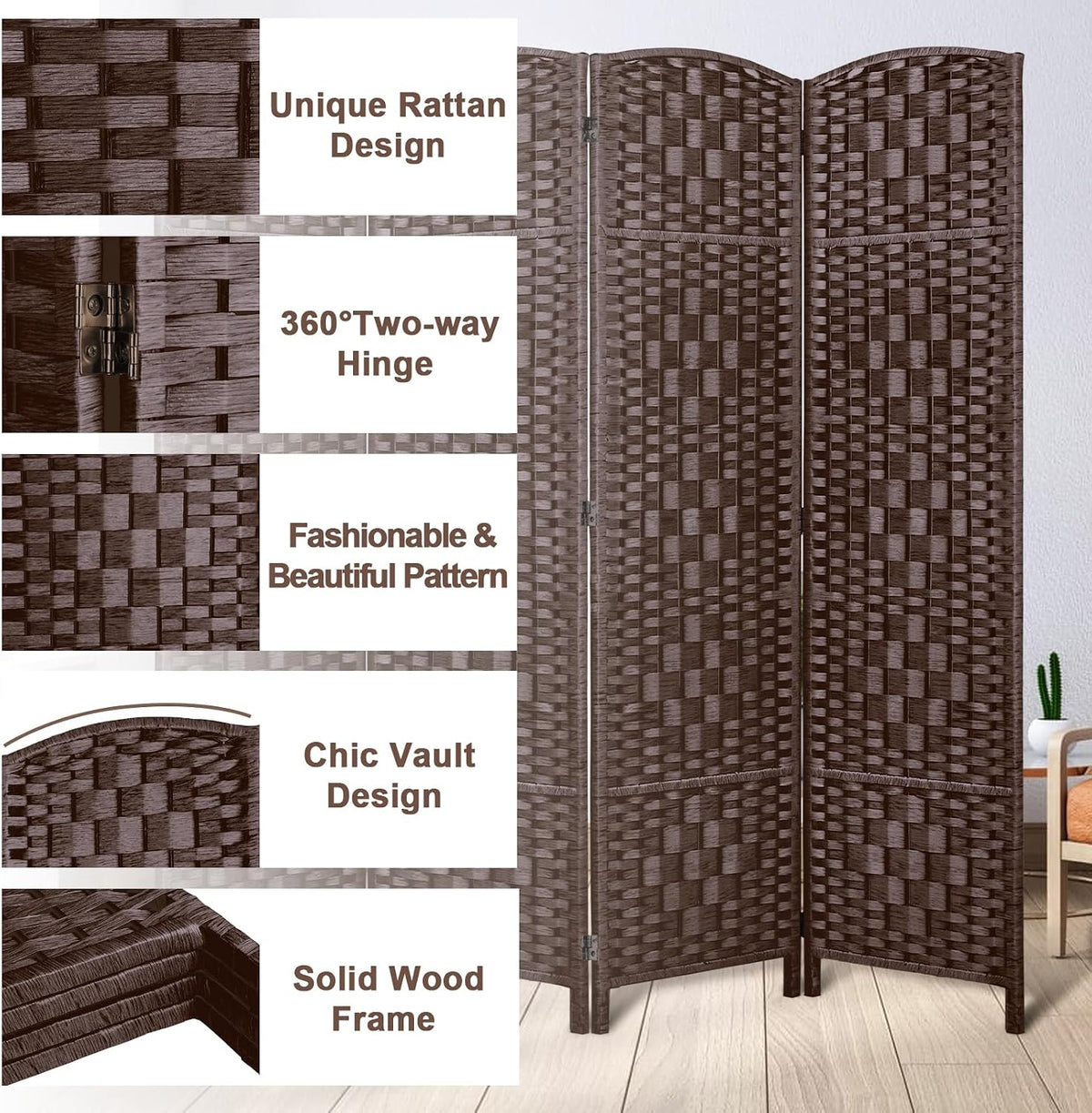rhf room divider panel,partition room dividers,3panel privacy screen,brown, side view