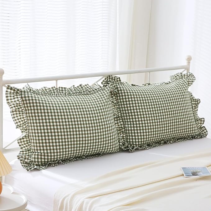 Green Plaid Ruffle King Size Pillow Shams 20"x36", 2 Pack Washed Cotton - Image 3