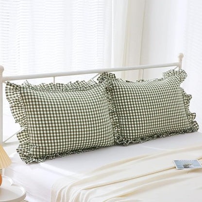 Green Plaid Ruffle King Size Pillow Shams 20"x36", 2 Pack Washed Cotton - Image 3