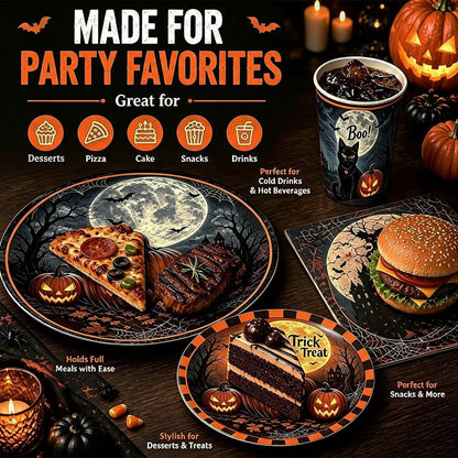 Halloween Party Supplies Plates and Napkins Set, Halloween Disposable Tableware with Dinner Plates, Dessert Plates, Cups, Napkins, Forks & Tablecloth for Halloween Party Decorations, Serves 24