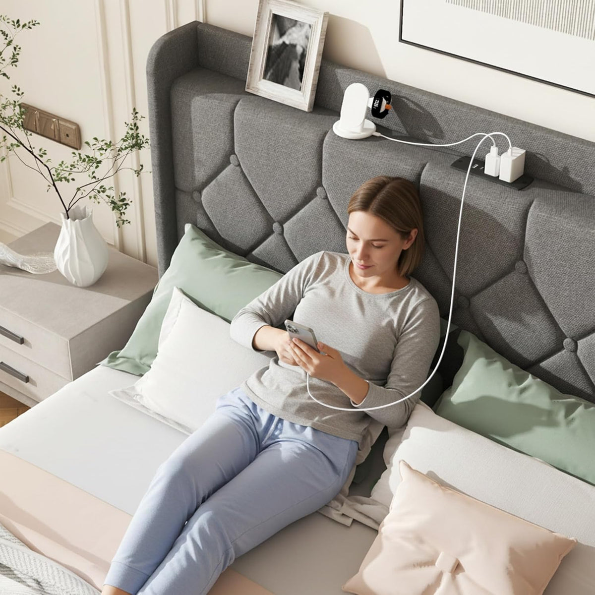 queen size bed frame, linen upholstered storage headboard&, close-up detail