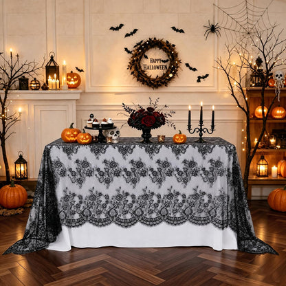 Black Lace Tablecloth Rectangular Halloween Tablecloth 60x120 Inches,2 pcs