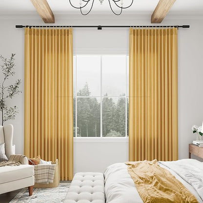 Gold Yellow Pinch Pleated Linen Curtains 108 Inch Length 2 Panels - Image 3
