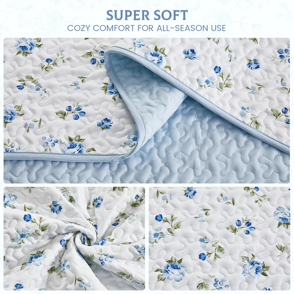 Queen/Full Size Floral Quilt Set Blue Shabby Chic Flower Bedspreads Set