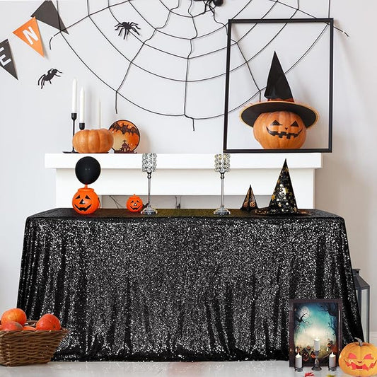 SquarePie Sequin Tablecloth 60 x 120 Inch Black Sparkly Table Linen for Halloween Wedding Party