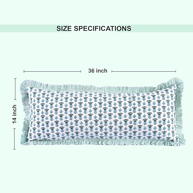 Ridhi Aquamarine Blue 100% Cotton Block Print Ruffle Lumbar Sham Cover Handmade - Image 7