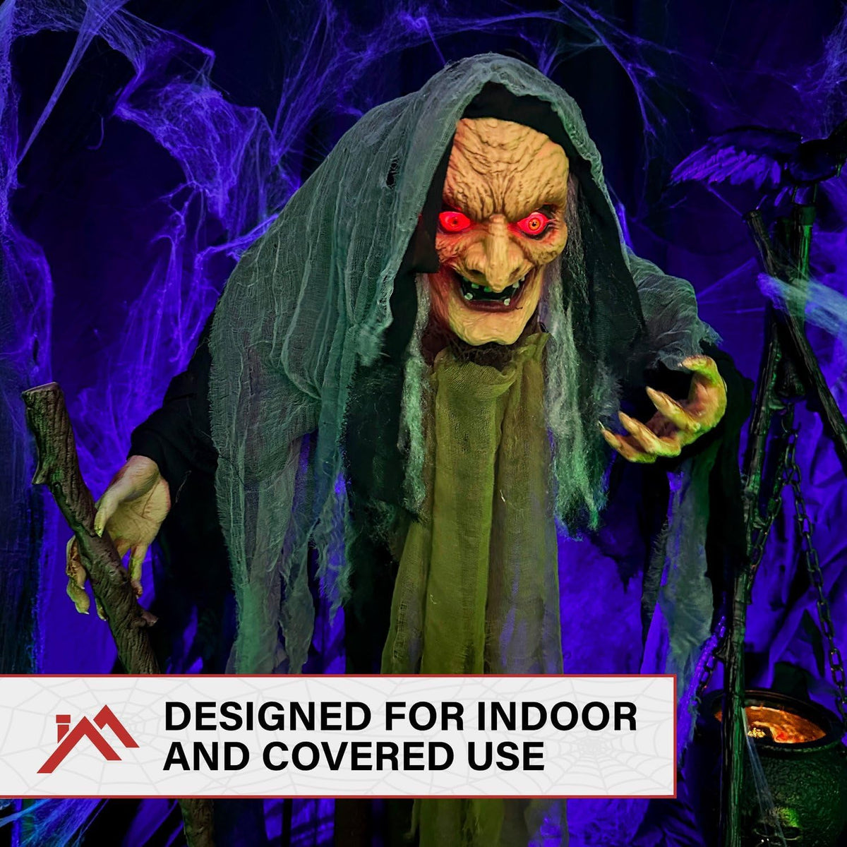 Haunted Hill Farm Life-Size Scary Poseable Talking Witch, Halloween Animatronic with Touch Activated Lights and Sound, Battery Operated Indoor or Covered Outdoor Halloween Decorations, Halloween Prop