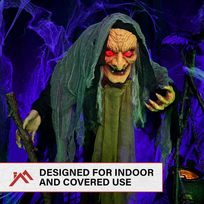 Haunted Hill Farm Life-Size Scary Poseable Talking Witch, Halloween Animatronic with Touch Activated Lights and Sound, Battery Operated Indoor or Covered Outdoor Halloween Decorations, Halloween Prop