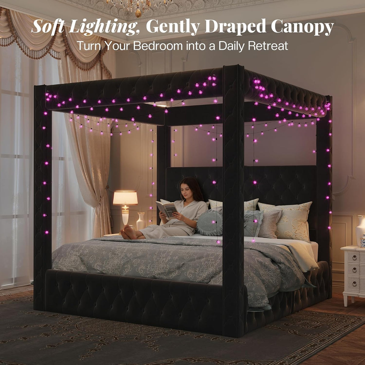 jocisland queen canopy bed frame velvet upholstered headboard, front angle view