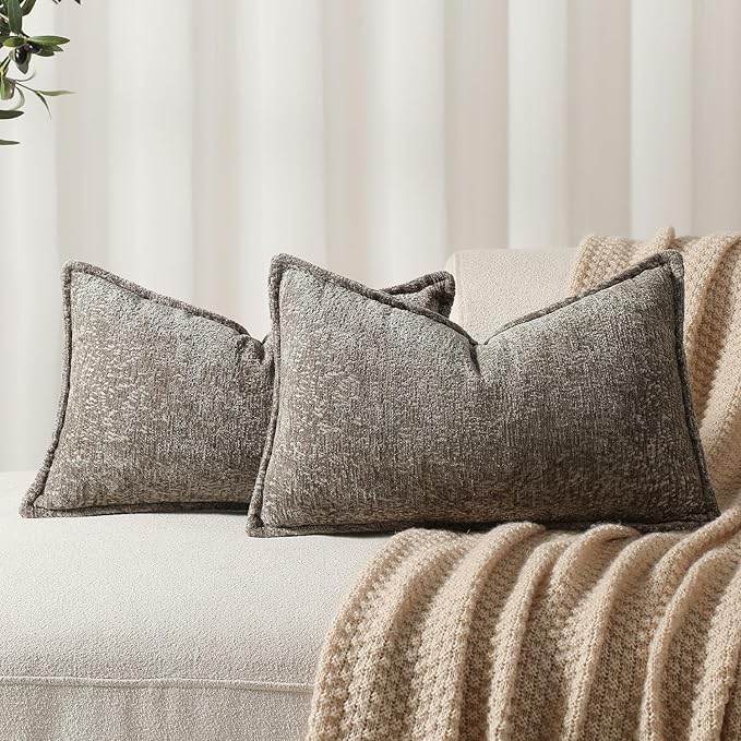 Pack of 2 Grey Decorative Throw Pillow Covers 12x20 Cozy Soft Chenille Accent by DEZENE
