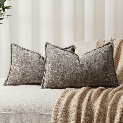 Pack of 2 Grey Decorative Throw Pillow Covers 12x20 Cozy Soft Chenille Accent by DEZENE