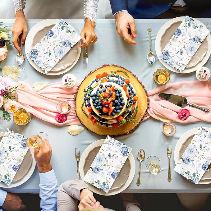 100Pcs Floral Guest Napkin Watercolor Blue Flower Butterfly Disposable Napkin - Image 5