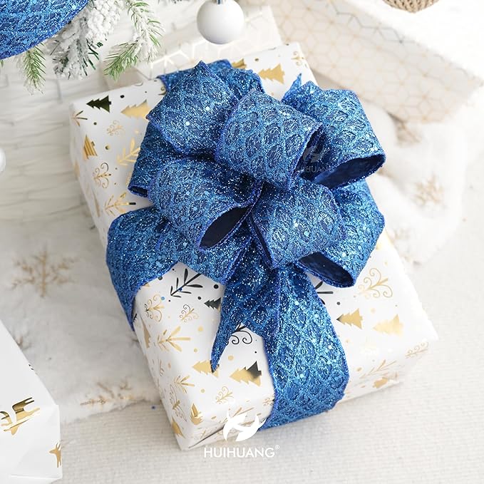 HUIHUANG Navy Blue Wired Christmas Ribbon 4 inch Navy Glitter Wired Ribbon - Image 7
