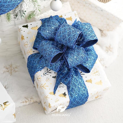 HUIHUANG Navy Blue Wired Christmas Ribbon 4 inch Navy Glitter Wired Ribbon - Image 7