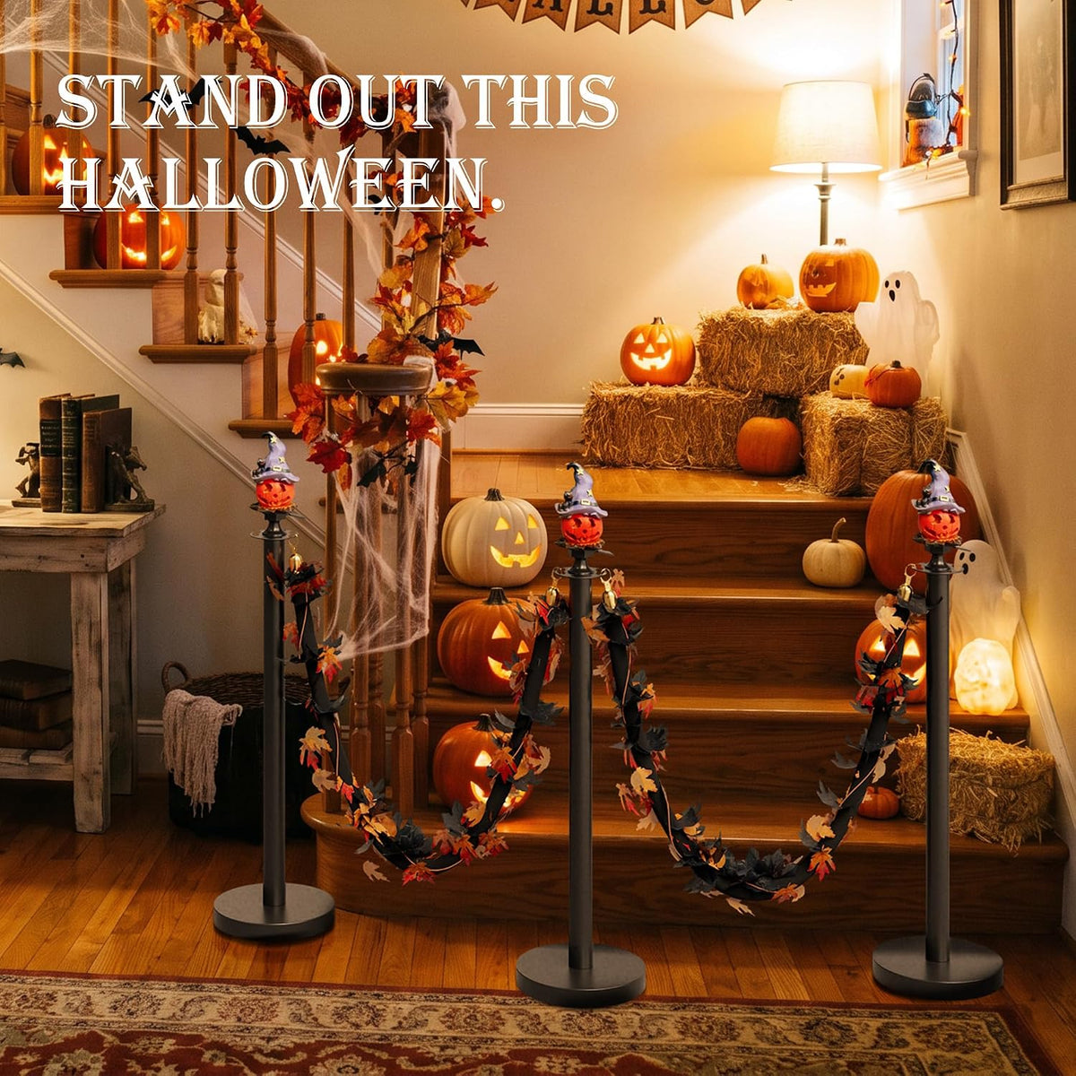 6 Pack Halloween Hat Pumpkin Head Black Stanchions and Velvet Ropes Set, Stainless Steel Crowd Control Barriers, 4Pcs Black Ropes and Poles for Party,Photobooth Accessories, Prom,Halloween Decorations