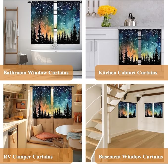 Renaiss 26 x 45 Inch Forest Starry Kitchen Curtains Light Filter Night Rustic - Image 7