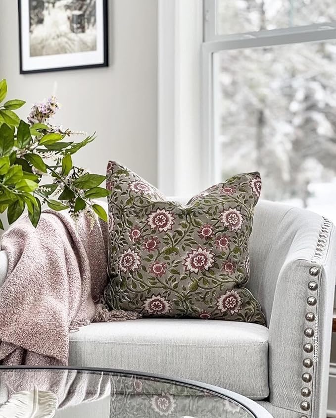 Designer Flowers Printed on Natural Linen Pillow Cover | Boho Pillow, - Image 6
