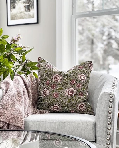 Designer Flowers Printed on Natural Linen Pillow Cover | Boho Pillow, - Image 6