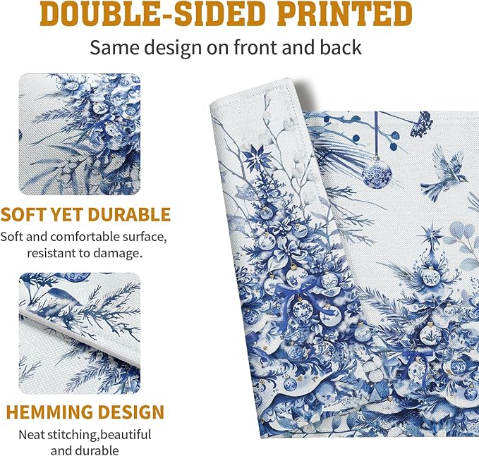 Blue and White Christmas Tree Placemats Set of 4, 12x18 Inch Chinoiserie Xmas - Image 5
