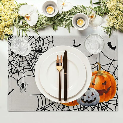 Giwawa Halloween Placemats, Colorful Spooky Pumpkins Spider Web Bats Linen - Image 3