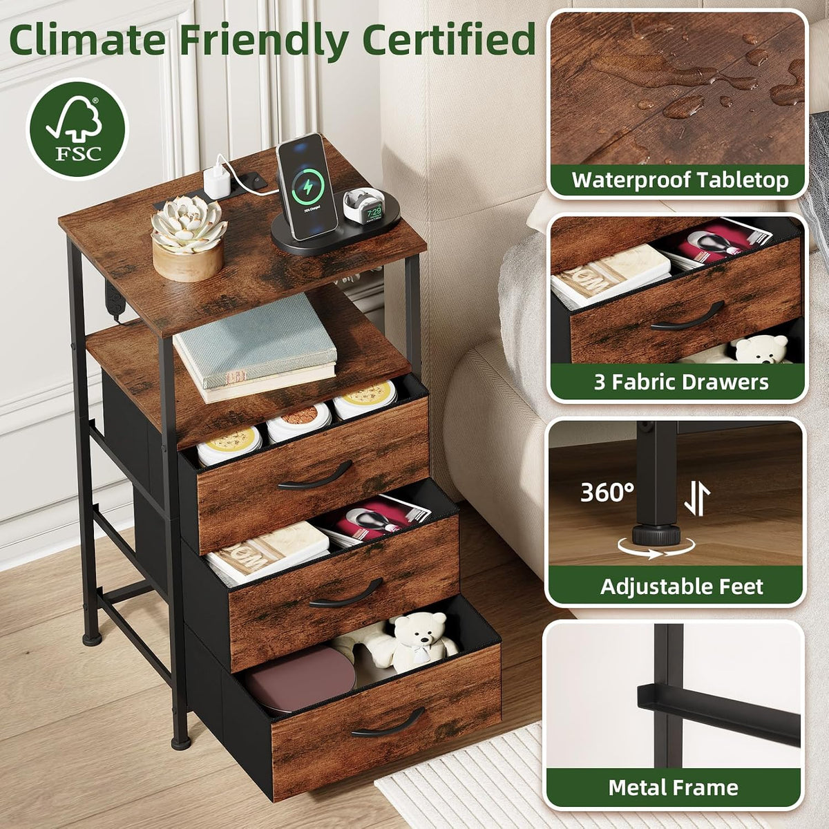 somdot tall nightstand with 3 drawers, charging station, package contents