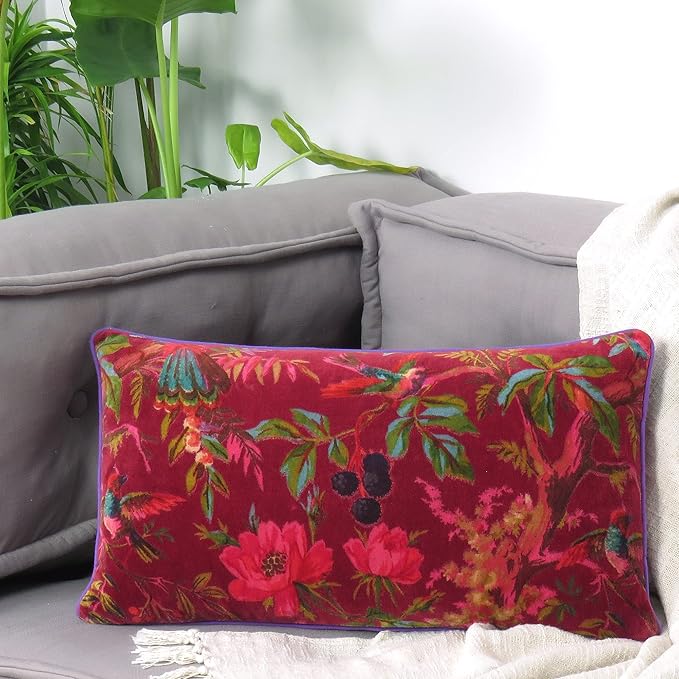 Eyes of India Velvet Floral Flower Bird Throw Pillow Sofa Cushion Cover Case - Image 2