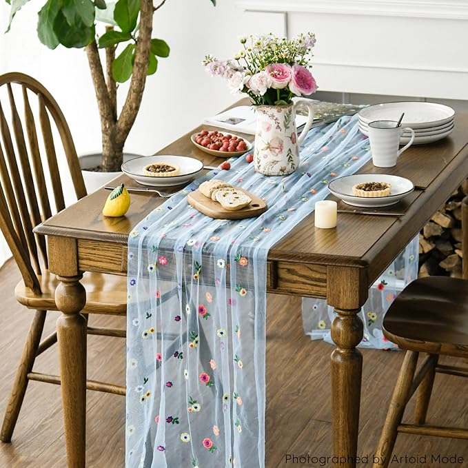 Artoid Mode Blue Embroidery Daisy Spring Gauze Table Runner 59x120 Inch 10FT - Image 3